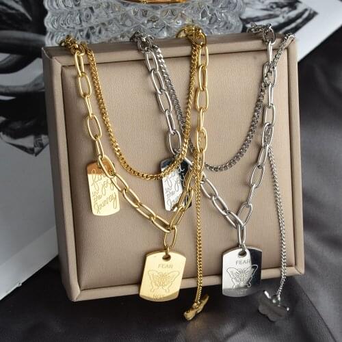 Unisex Stainless Steel Chain Butterfly Tag Pendants Necklaces For Women Multi Layered Necklaces Not Fade Drop Shipping