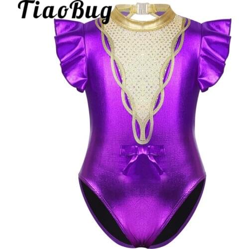 Kids Short Flutter Sleeves Metallic Sparkly Sequins Ballet Gymnastics Leotards for Girls Showman Stage Performance Dance Costume