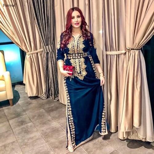 Elegant Morocco Caftan Evening Dresses Charming V Neck Long Sleeve Side Split Mermaid Prom Dress Velvet Long Formal Evening Gown