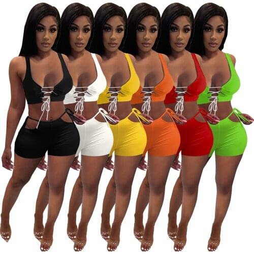 Echoine Women Solid Sexy Hollow out High elasticity Two Piece Set Bandage vest Crop Top adn Skinny shorts Party Nightclub Outfit
