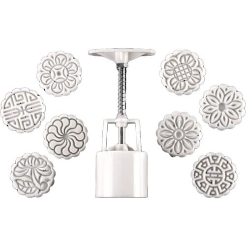 50g Mooncake Barrel Mold with 8pcs Flower Stamps Hand Press Moon Cake Pastry Mould DIY Bakeware
