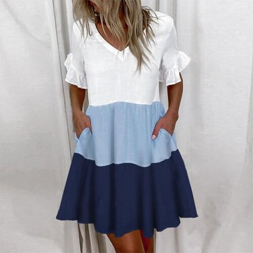 Summer Dress Femme Robe Womens Clothing 2021 Pockets Mini Dresses V-Neck Short-Sleeved Ruffle Stitching Dress For Women Vestido