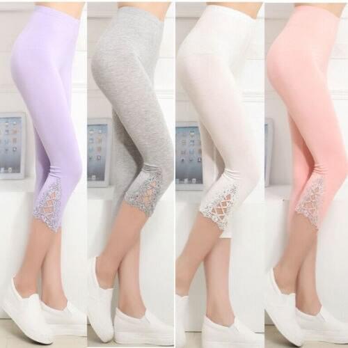 Summer Skinny Stretch Cropped Leggings Women Lace Crochet Pants Trousers Capris 3/4 Length