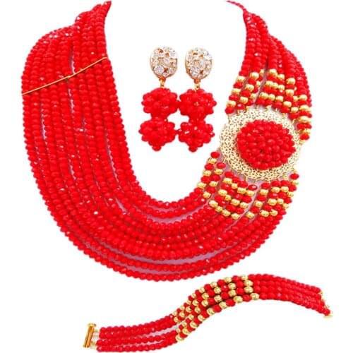 Fashion Opaque Red African Wedding Beads Nigerian Necklace Costume Jewelry Set Crystal Bridal Party Jewelry Sets 10DPH08