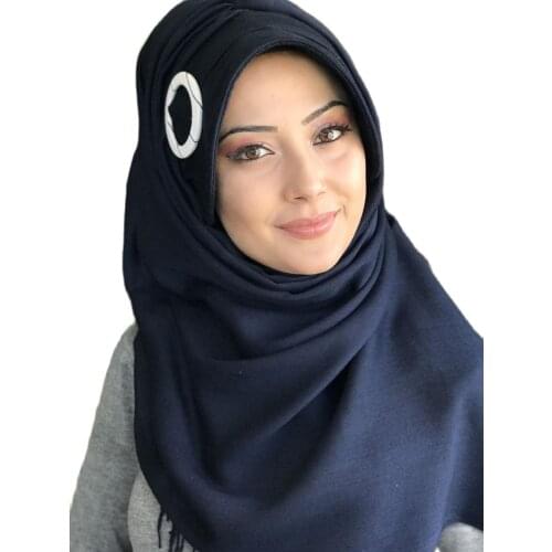 New Fashion 2021 Muslims Headscarf Islamic Clothing Turban Spring Summer Season Foulard Scarf Dark Navy Color Buckle Hat Shawl