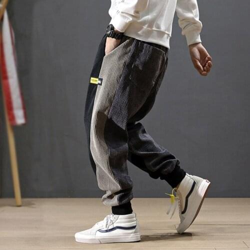 2021 New Winter Fashion Men Jeans Loose Fit Spliced Designer Casual Harem Pants Elastic Waist Hip Hop Corduroy Joggers Pants Men