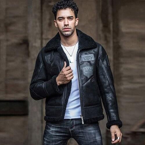 New Mens Shearling Jacket Black Fur Coat B3 Bomber Flight Jacket Short Leather Jacket Mens Winter Coats