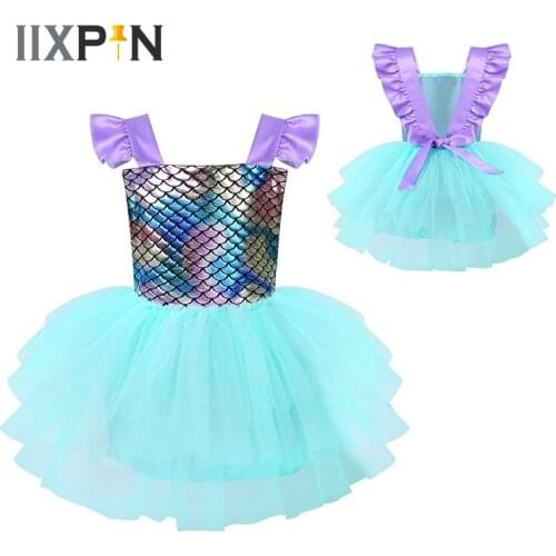 New Baby Girls Mermaid Cosplay Dress Sleeveless Glossy Fish Scales Backless Mesh Splice Tutu Dresses Kid Skirts