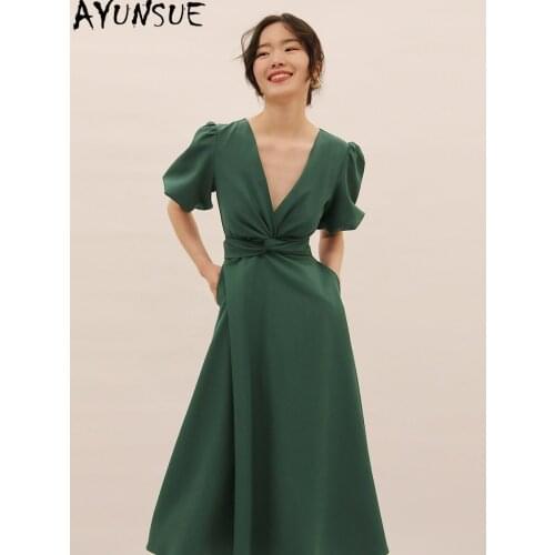 AYUNSUE High Quality Summer Dress Woman Korean Elegant Dresses for Women Party Midi Green Dress V neck 2021 Vestido De Mujer