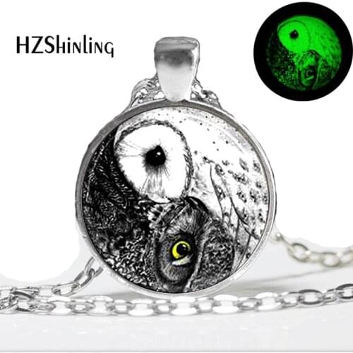 Glow in the dark Necklace Pendants,Yin Yang Owl Necklace ,Bird Jewelry , owl necklace Glass Art Photo Glowing Jewelry