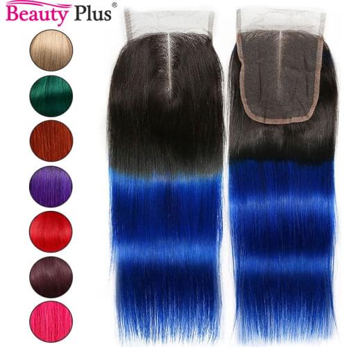 Ombre Closure Blue Brazilian Straight Hair 4x4 Lace Closure Beauty Plus Remy Human Hair Pre Colored Turquoise Burgundy Closure