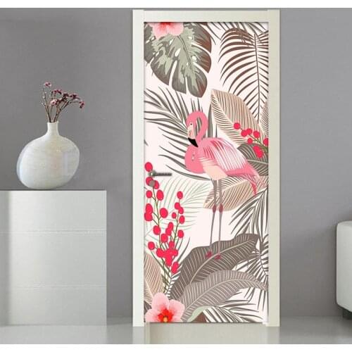 3D PVC Self-adhesive Door Sticker Flamingo Tropical Leaves 3D Photo Wallpaper Living Room Bedroom Door Decoration Mural Stickers