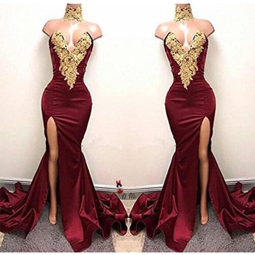 Sexy Women Long Mermaid Prom Dresses Split Side Satin Gold Applique Lace Evening Gowns High Neck Sweep Train Vestido de Baile