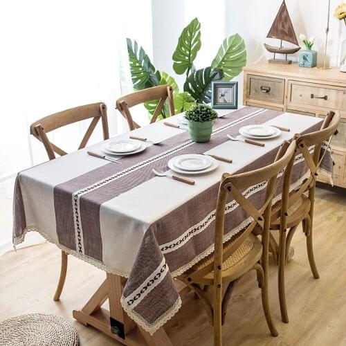 Nordic Christmas Tablecloth Brown Jacquard Striped Cotton Linen Stitching Dining Table Cloth Embroidered Tassel Wedding Decor