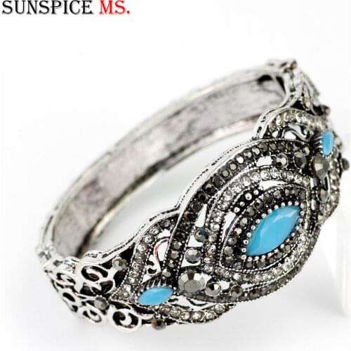 Sunspicems Vintage Turkish Bangle for Women Ethnic Banquet Jewelry Gift Antique Silver Color Female Resin Cuff Bracelet