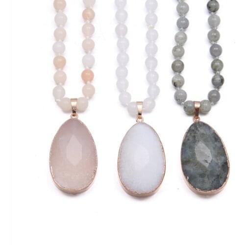 Light Yellow Gold Color Water Drop Labradorite Stone Pendant Long Beads Chain Necklace White Quartz Jewelry