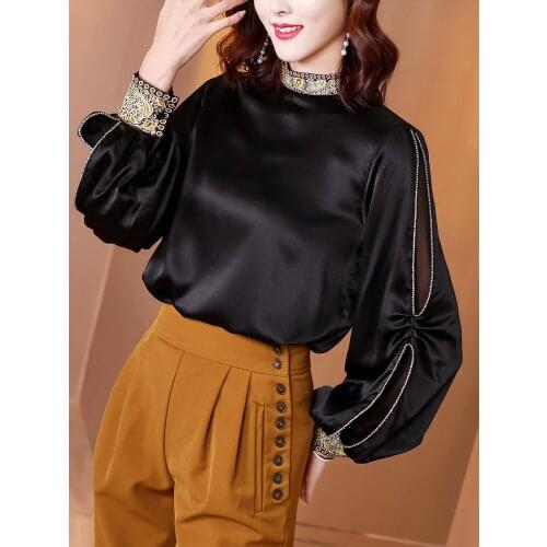 Mulberry SilkSilk Shirt Women Summer Clothing New Western Style Ruffled Satin All-Match Mulberry SilkSilk Shirt Female