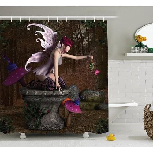Fairy Shower Curtain Three Dimensional Mythical Creature with Magical Artifact on Pedestal Forest Waterproof Bath Curtains