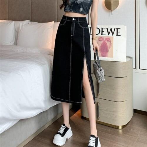 2021 Fashion Split Skirt Mid-length Summer Black A-line Denim White Long Skirt for Young Women Wrap Skirts Summer BSQ319