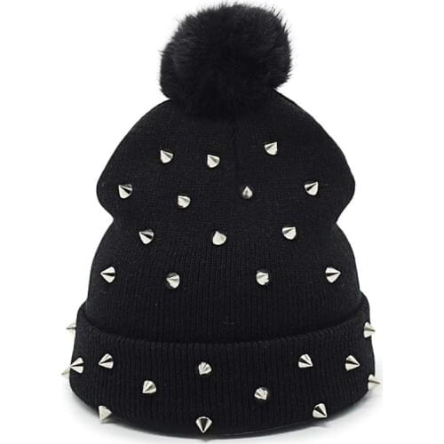 Womens Rivet Winter Pompom Beanies Punk Rock Hip Hop Top Ball Knitted Hat Warm Gorros Black Skullies Caps