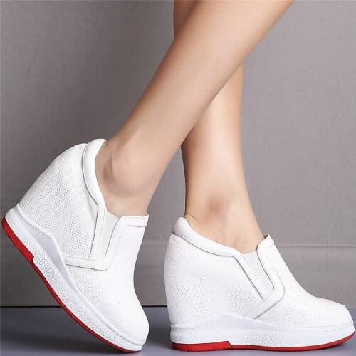 Punk Oxfords Shoes Women Genuine Leather Wedges High Heel Ankle Boots Female Breathable Round Toe Fashion Sneakers Casual Shoes