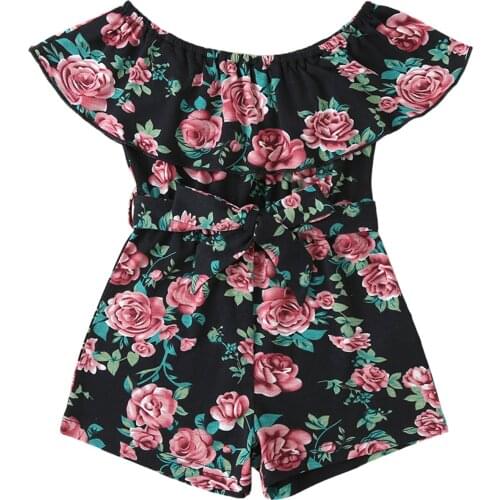 2021 0-6Y Summer Infant Baby Girl Playsuit Boho Floral Print Off Shoulder Ruffle Short Sleeve Romper With Belt Outfit