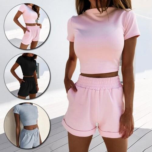 Women’s Summer Tracksuit Solid Color Short Sleeve Crop Top Slim Shirts Stretch Shorts Sets Fashion Casual Sports Clothing 2021