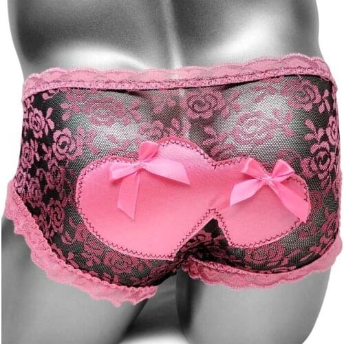 Floral Lace Mesh Sissy Boxers Panties Sexy Lingerie For Mens Shorts Underwear Heart Bow Back Patchwork See Thru Male Underpants