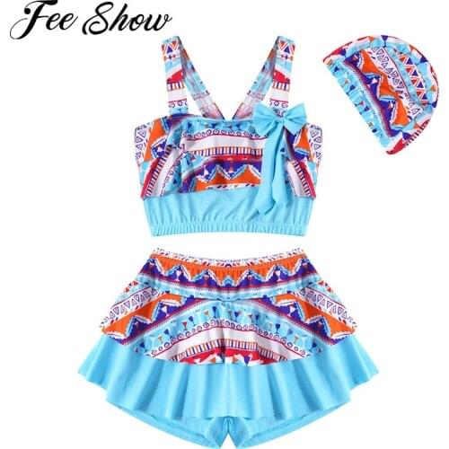 Kids Girls Boho Pattern Two-Piece Swimming Suits Straps Ruffle Swim Crop Tops with Skirt and Hat Set Beach Swimsuit Bathing Suit