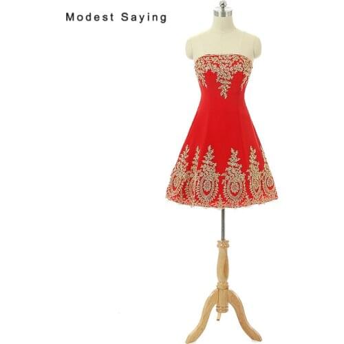 Elegant Red and Gold A-Line Strapless Beaded Lace Cocktail Dress 2017 Girls Formal Short Homecoming Prom Gown vestidos de coctel