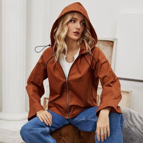 European Style Woman Coat Zipper Long Sleeve Jackets Hooded Spring Autumn Woman Jacket
