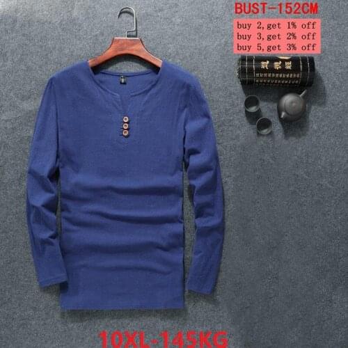 Mens linen T-shirt long-sleeved antumn cotton large size large size 4XL 5XL 6XL 7XL 8XL 9XL 10XL casual retro Japanese style T
