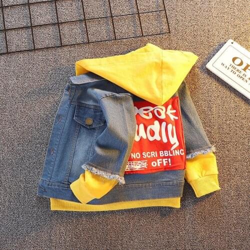 Fake Two Piece Baby Kids Clothes Hooded Denim Jackets Boy Girls Cartoon Casual Printed Hoodies Toddler Kids Denim Dinosaur Coats