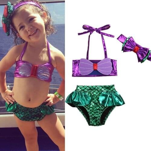 3pcs Kids Baby Girls Bikini Set Mermaid Swimsuit Summer Bathing Suit + Headband Swimwear Halter Tankini 0-8 Years Old Fit