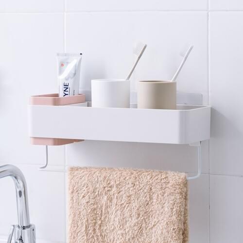 Bathroom Shower Basket Cosmetic Shampoo Holder Shelf with Suction Cup Wall Mount Kitchen Sink Storage Organizer with Towel Bar