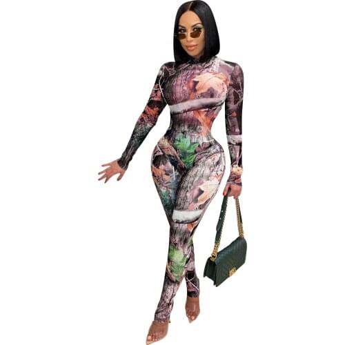 Zoctuo Print 2 Two Piece Set Autumn New Long Sleeve Women Set Outfits Turtleneck Bodysuit Top Long Pencil Pants Set Tracksuit