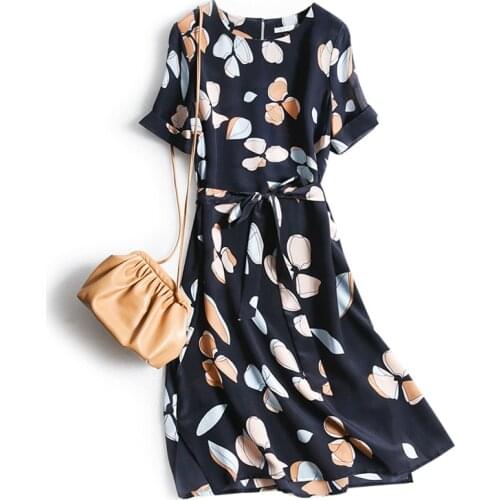100% Silk Summer Dresses for Women 2021 Floral Midi Dress Female Short Sleeve Dress Elegant Fashion Vestido De Mujer Pph4496