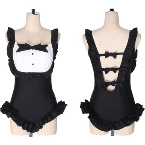 Lolita Cute Anime Maid Girl Cosplay Swimwear Japanese School Sukumizu Sweet Bowknot Backless Ruffle Swimsuit Beach Bathing Suits