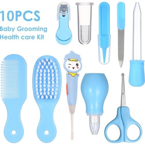 Baby Healthcare Set Grooming Kit 10PCS Ear Pick with Light Comb Nail Clipper Nasal Aspirator Food Feeder Shower Care Nursery Set