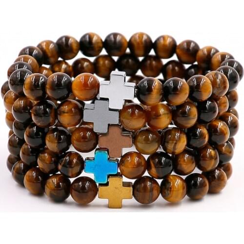 Natural Stone New Arrival! CROSS Hematite Beads With Tiger Eye Crystal Bracelet for Mens Gift Stretch Charm Jewelry