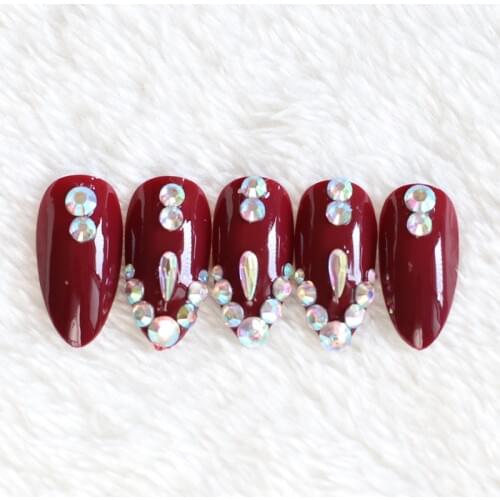 2020 latest fake nails fine high heel 24 pieces design filled with crystal diamond dark red W92