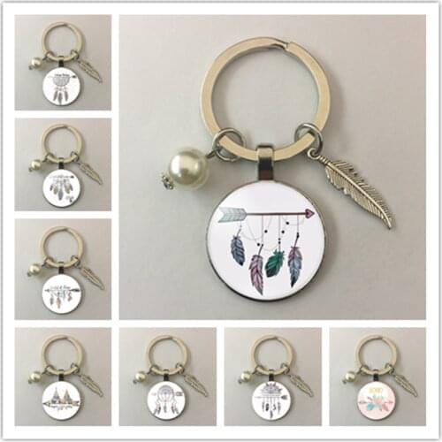 New Bohemian style dream catcher feather glass round photo keychain glass cabochon keychain key ring jewelry gift