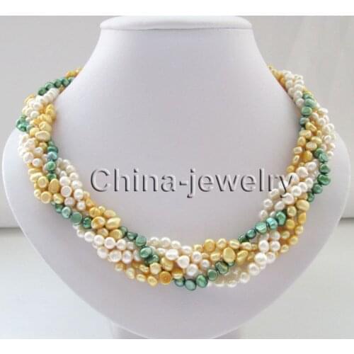 P7533 - 5row 18" 6-7mm white gold green freshwater pearl necklace - GP clasp