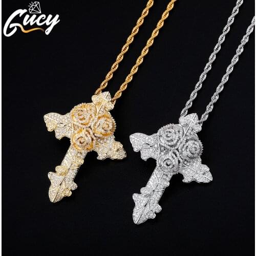GUCY Rose Cross Necklace Pendant With Free Chain Fashion Hiphop Cubic Zirconia Jewelry Drop shipping/Wholesale