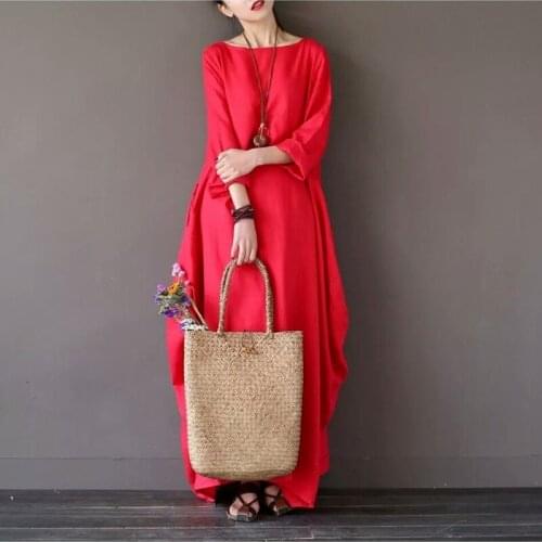Women Loose Maxi Dress 2021 Autumn Winter O Neck 3/4 Sleeve COTTON LINEN Gown Robe Dresses Plus Size L To 5XL Dresses