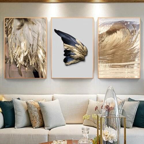 Nordic Poster And Print Decor Gold Feathers Canvas Painting White Modern Golden Wings Wall Art Pictures For Living Room Bedroom