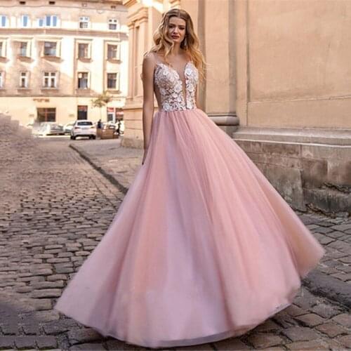 Pink Wedding Dress V neck Tulle Lace Appliques Bridal Gown Sexy Backless Beach Wedding Dress Plus Size Custom Made