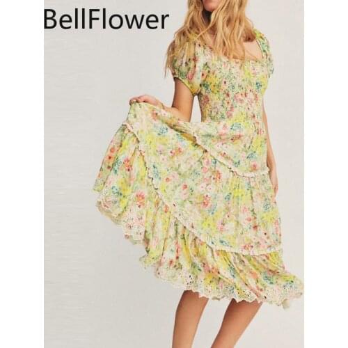 Flower Swing Dress Women Clothes 2021 Hedging Elasticity Puff Sleeve Square Collar Draped A-LINE Bohemian Loose Backless Dress