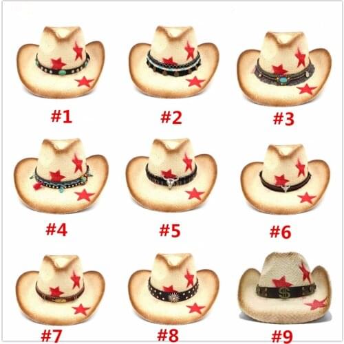 Women Men Straw Western Cowboy Hat With Punk Leather Size 58CM