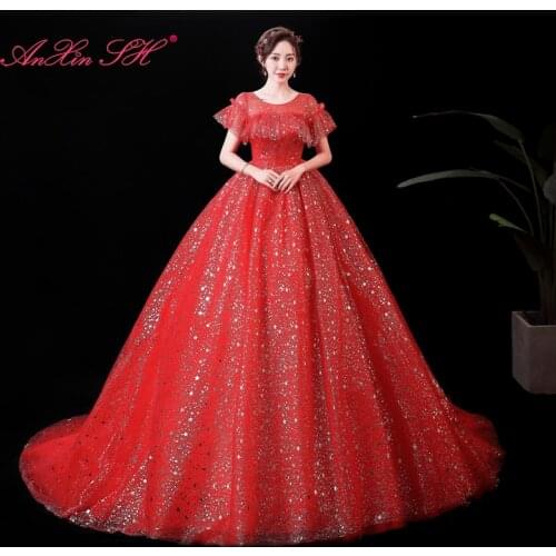 AnXin SH princess sparkly red lace evening dress vintage silvery star sequins o neck ruffles illusion red bride evening dress